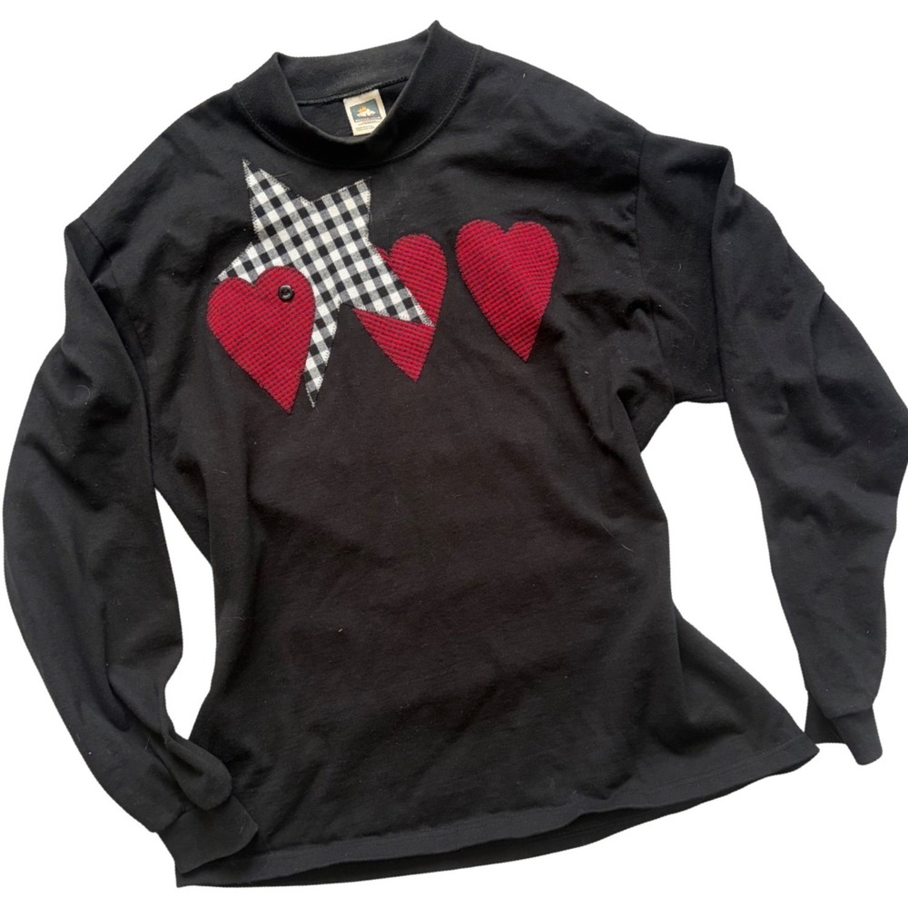 Vintage Cotton Deluxe Black Long Sleeve Heart Star Patchwork Mock Neck Shirt L